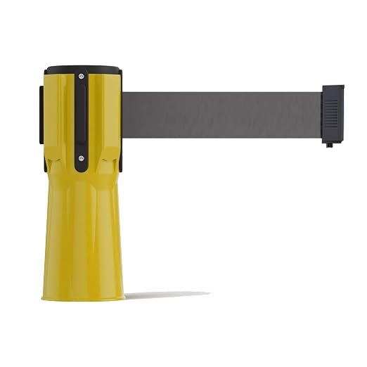 Trafford Industrial Cone-Mounted Retractable Belt Barrier, 11 Ft. | Yellow ABS Case, Dark Grey 2-inch Herringbone Belt, Belt-Braking Retraction Control and 4-Way Receiver.