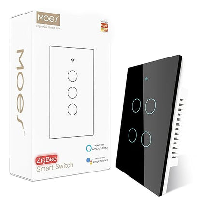MOES Zigbee Smart Switches 4 Gang, Require MOES Zigbee Hub and Neutral Wire, Inteligente Single Pole Light Switch, Work as Relay, Support Tuya Smart Life, Black