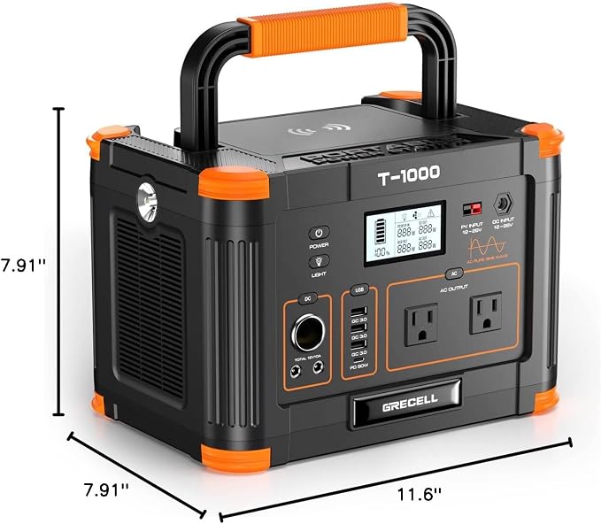 GRECELL 999Wh Solar Generator 1000W Portable Power Station for Outdoor