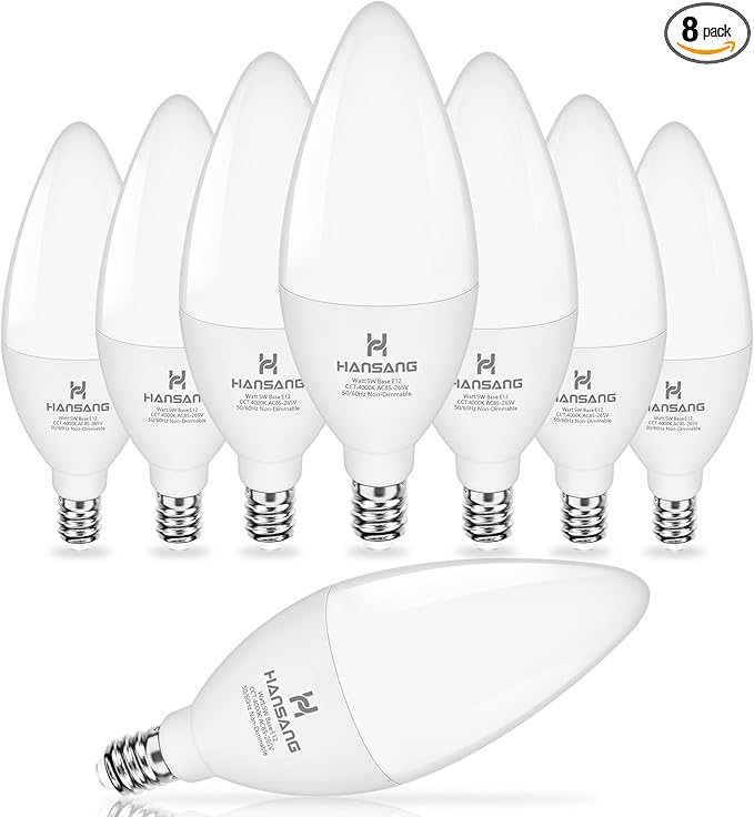 LED E12 Chandelier Light Bulbs, Type B Light Bulbs 5W (60W Equivalent), Natural White 4000K Candelabra LED Light Bulbs, E12 Light Bulb 500LM, Non-Dimmable B11 Ceiling Fan Light Bulb, 8 Pack