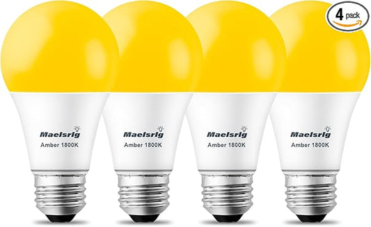 Maelsrlg A19 Warm Sleep Light Bulb, 9W(60W Equivalent), 1800K Amber, Dimmable, E26 Base, Soft Yellow Light Bulbs, 800 Lumen, 120V, 4-Pack
