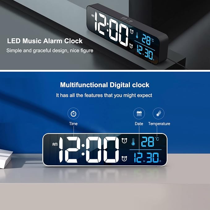 Abovsare Digital Clock for Bedroom, Clocks for Living Room Decor, Desk Table Clock, Alarm Clock Large Display with Date Week Temperature, Automatic Brightness Dimmer, Smart Cool Modern (Black Blue)
