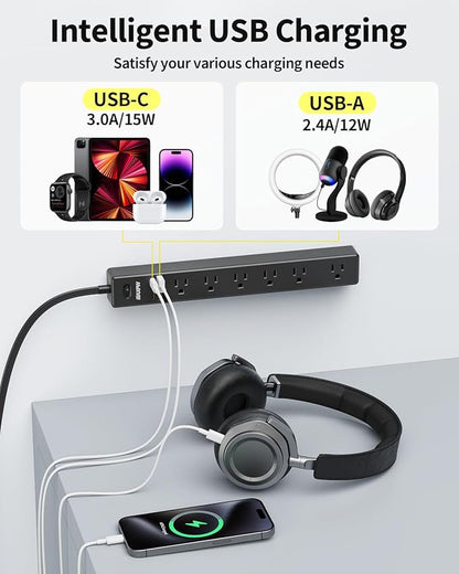 2 Pack Power Strip Surge Protector - 7 Outlets 4 USB Ports (2 USB C), Maxpw 10 Ft Ultra Thin Flat Plug Extension Cord, 1875W/15A, 1700 Joules, Wall Mount for Home Office Dorm, Black