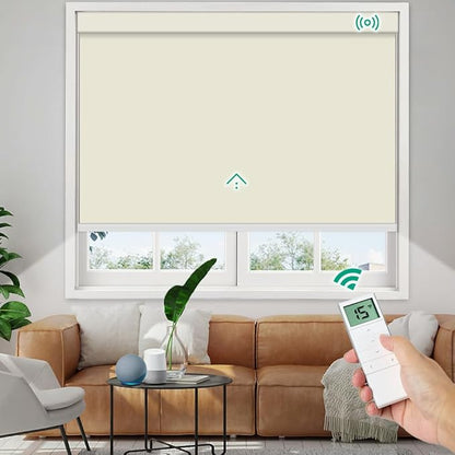 Motorized Roller Shades, 10O% Blackout Waterproof Remote Control Custom Window Shades Work with Alexa Google Assistant via RF Hub, Rechargeable Electric Blinds for Windows (Vinyl Beige)