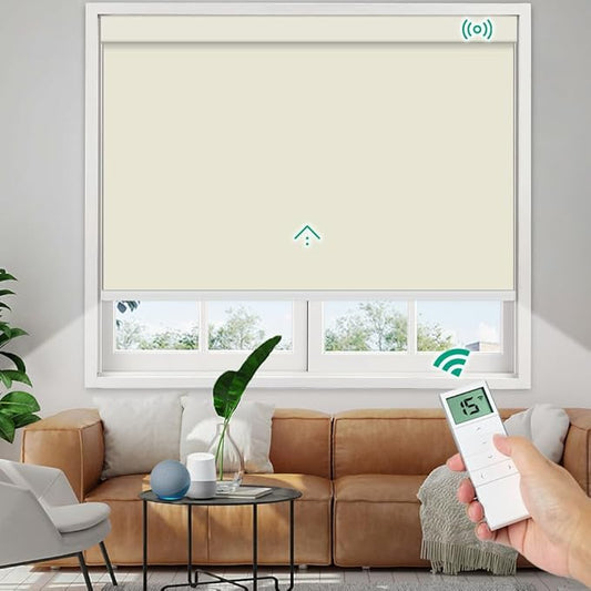 Motorized Roller Shades, 10O% Blackout Waterproof Remote Control Custom Window Shades Work with Alexa Google Assistant via RF Hub, Rechargeable Electric Blinds for Windows (Vinyl Beige)