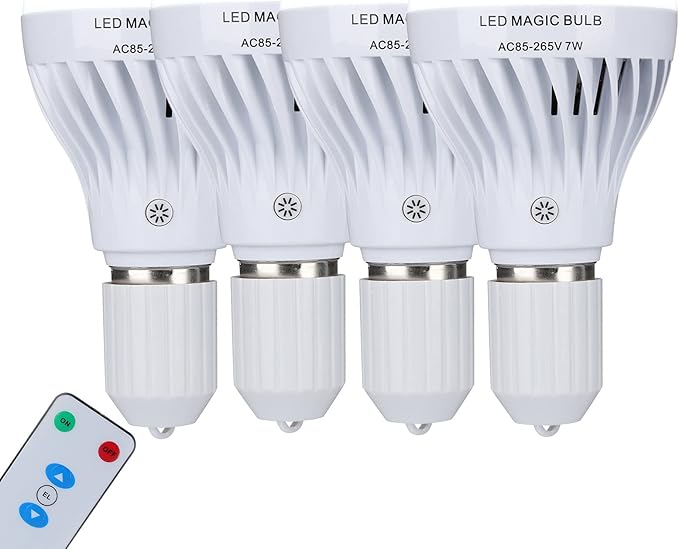 BSOD AC 85-265V 7W LED Magic Bulb with Remote Controller White Emergency Light with Rechargeable Built-in Battery E27 Lamp for Home Indoor Lighting (White 4 Pack)