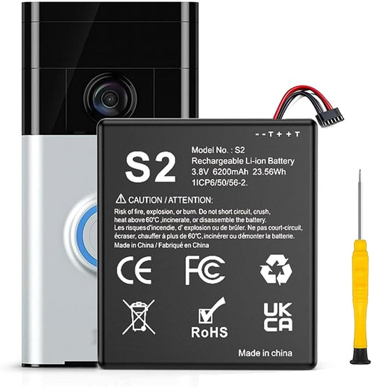 Replacement Battery for S2, 6200mAh Ultra High Capacity Li-ion Battery for Ring Video Doorbell 2nd Generation 1ICP6/50/56-2, 5UM5E5, (6 Cable Plug Version Only) 1-Pack