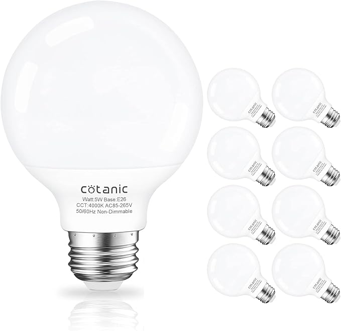 Cotanic Globe Light Bulbs,E26 Standard Base,5W,60 Watt Incandescent Equivalent,500LM,Non-Dimmable,8 Pack, G25 LED Vanity Light Bulb for Bathroom 4000K Daylight