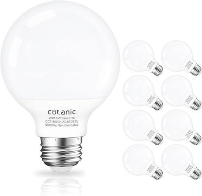 Cotanic Globe Light Bulbs,E26 Standard Base,5W,60 Watt Incandescent Equivalent,500LM,Non-Dimmable,8 Pack, G25 LED Vanity Light Bulb for Bathroom 4000K Daylight