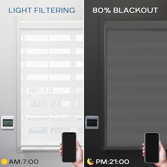 Motorized Zebra Blinds Dual Layer Window Shades Remote Roller Blinds with Alexa Google and Homekit Electric Horizontal Window Blindsfor Home Office Customized Size(60% Light Filtering - White)