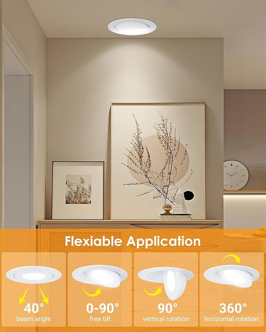 POPANU 3 inch Recessed LED Lights 7W Gimbal Rotatable Directional Downlight,360°Adjustable Soffit Lighting Dimmable Swivel Eyeball, 90°Tilt Canless Swivel Spotlight 5CCT Selectable 6 Pack White