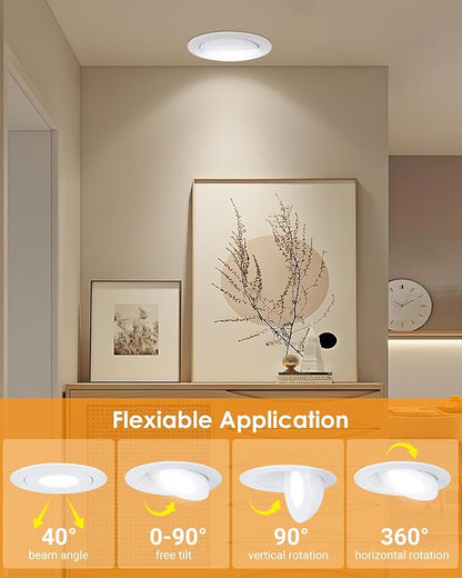 POPANU 4inch Gimbal LED Recessed Light Recessed LED 4 inch White Swivel Gimbal Canless Light 360° Rotation 90° Tilt 4" 9W Eyeball Lighting Dimmable Adjustable Can Spotlights 5CCT White 4 inch 6 Pack