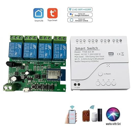 4 Channel Smart WiFi RF Bluetooth Wireless Dry Contact Relay Switch Module,Phone app Remote Control,Compatible with Alexa Google Home (Tuya 4CH 5V AC/DC7-32V)