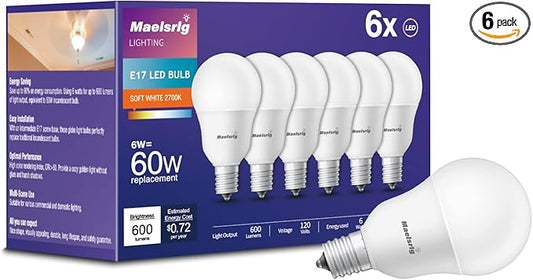 Maelsrlg E17 Intermediate Base LED Bulb, 6W (60 Watt Equivalent) G14 Globe Ceiling Fan Light Bulbs, Soft White 2700K, 600 Lumens, Non-Dimmable, Pack of 6