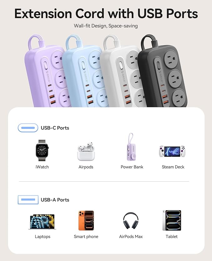 ORICO Surge Protector Power Strip, PD20W Multiple Outlets Extension Cord with 6 AC Outlets and 4 USB Charging Ports (2 USB-C), 45° Flat Plug, 10 Ft Mountable Outlet Extender for Home/Office/Dorm - OG