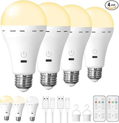 4Packs Magic Rechargeable Light Bulbs with Remote Control, E26 Cordless Battery Operated Light Bulb for Lamps, Wireless No Electricity Smart Battery Powered LED Bulb, 2200mAh/Dimmable/Timer