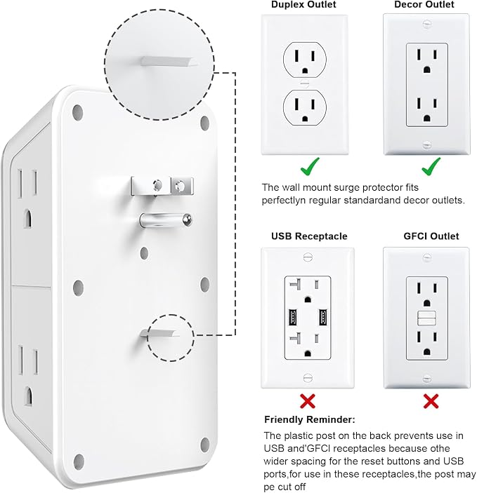 JcBlaon Outlet Extender Surge Protecto, 6 Outlet Extender with 4 USB Ports, 3 Sided 1050J Power Strip, Multiple Plug Expander Wall Charger for Home Office Travel-ETL