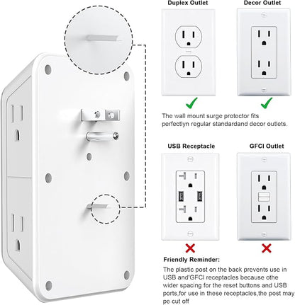 JcBlaon Outlet Extender Surge Protecto, 6 Outlet Extender with 4 USB Ports, 3 Sided 1050J Power Strip, Multiple Plug Expander Wall Charger for Home Office Travel-ETL