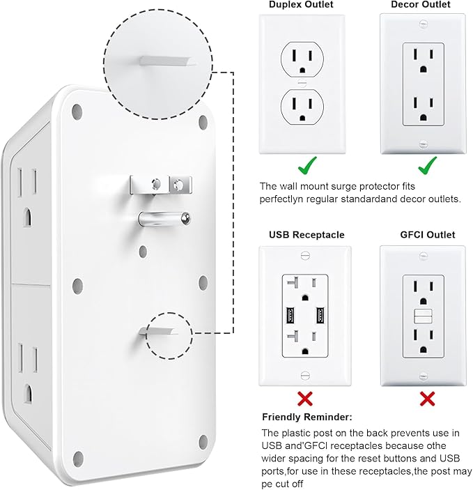 JcBlaon Multi Plug Outlet Surge Protector, Wall Charger with 6 Outlet Splitter with 4 USB Ports(PD 20W), 3-Sided 1050J Surge Protector Power Strip for Home Office Dorm Room Essentials