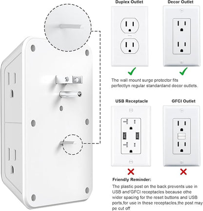2 Pack Outlet Extender Surge Protector, 6 Outlet Splitter with 4 USB Outlet (2 USB A,2 USB C), 3Sided Power Strip with Adapter Spaced Outlets for Home, Office, Travel(White)