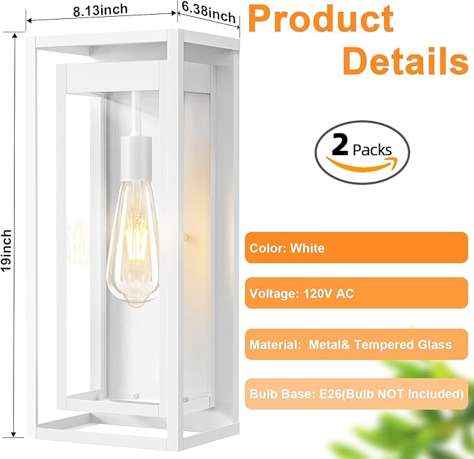 19" White Outdoor Light Fixture, 2 Pack Large Size Outdoor Sconce Lights with Clear Glass Shade, Waterproof Porch Lighting Exterior Light Fixture for Front Door, Garage