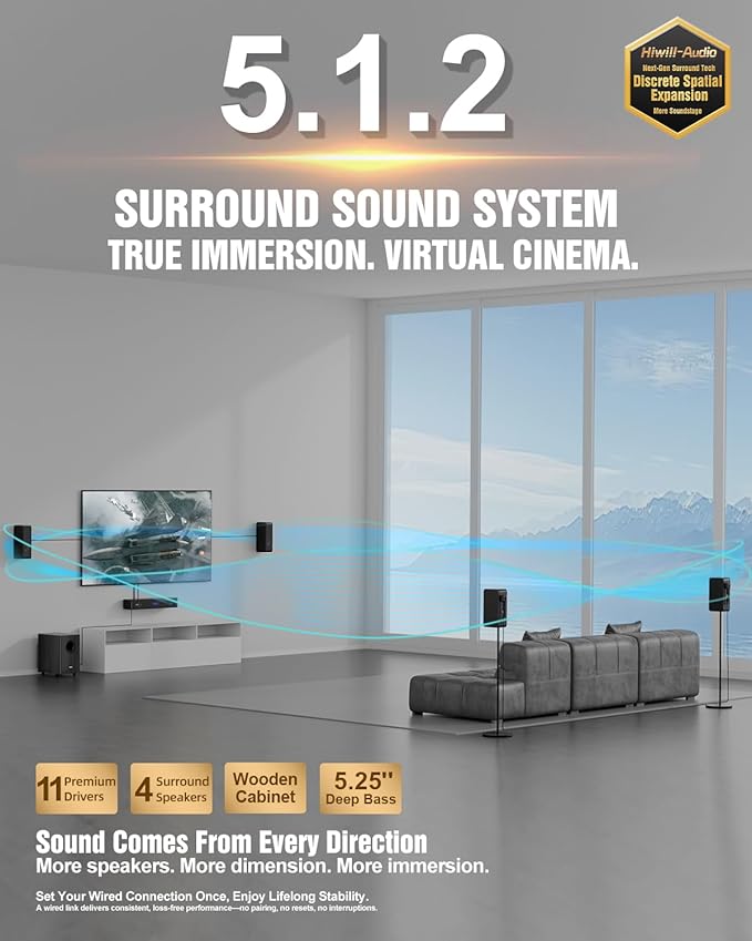 5.1.2 Virtual Surround Sound System for Small Rooms, Compact Smart TV Sound Bars Home Theater w/4 Wired Speakers, Clear Voice & Deep Bass, 5.25'' Wired Subwoofer Soundbar Easy Setup, ARC/OPT/BT, 2026