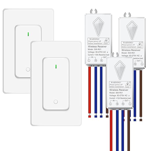 NineLeaf Wireless Light Switch and Receiver Kit, No Wiring Remote Control Wall Switch, 1300FT RF Range Expandable Switches,Ceiling Lights, Fans, Lamps & Outdoor Sheds,1000W LED(2Switches 3Receivers)