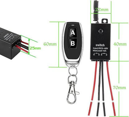 12v Remote Control Switch,2 Way Mini Wireless Switches,DC 12V/24V/48V/10A Relay with 328FT Long Range,Wireless RF Switch for Motor,Lamps,LED Lights,Fans(Normally Closed)