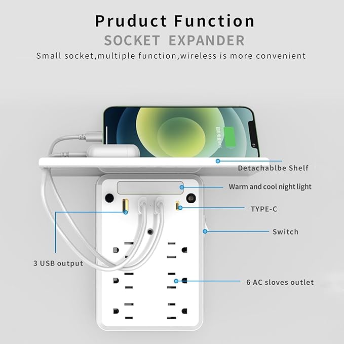 Preliminark Wall Outlet Extender with Shelf Night, Outlet Extended with Surge Protector and Shelf 6 Ac Outlets, 3 USB & 1 USB C Charging Ports, for Home Office (1pcs)
