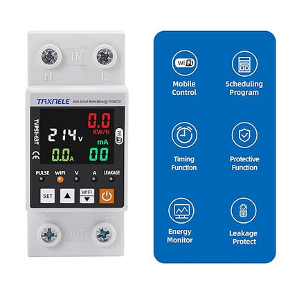 TUYA WiFi Smart Energy Meter AC 63A 85-300V WiFi Smart Earth Leakage Over Under Voltage Protector Electricity Energy Monitor APP Remote Control Smart Life 230V 110V Compatible with Alexa Google Home