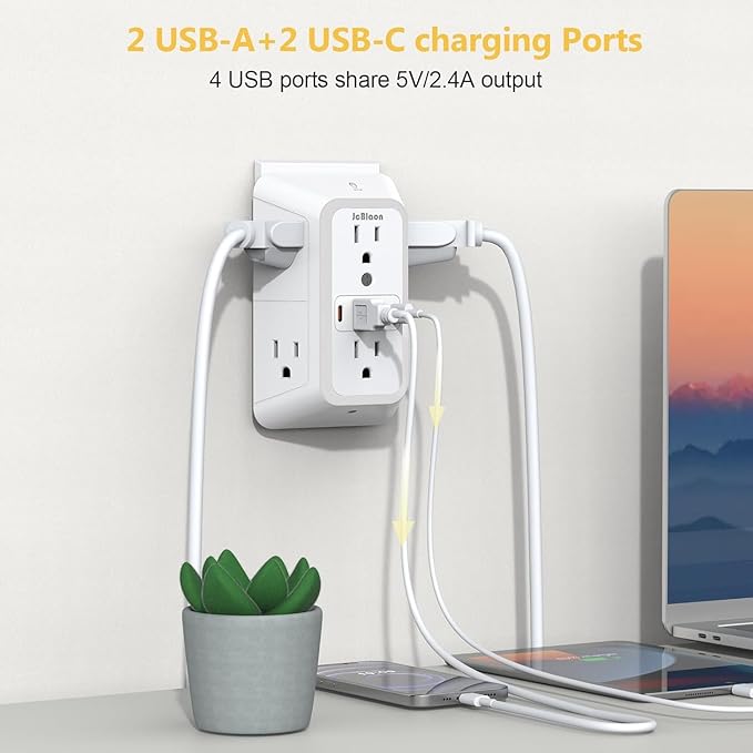 3 Pack Outlet Extender with Night Light, 6 Outlet Surge Protector Extender with 4 USB Ports (2 USB C), 3-Sided 1050J Multi Plug Wall Outlet for Home Office Dorm Room