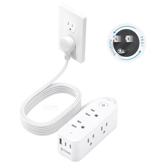 TROND Power Strip with 360 Rotating Plug, 10ft Flat Extension Cord with 2 USB C and 1 USB A, 6 Widely Spaced Outlets, 1440J Surge Protector, Surge Protector Power Strip for Home Travel Office, White