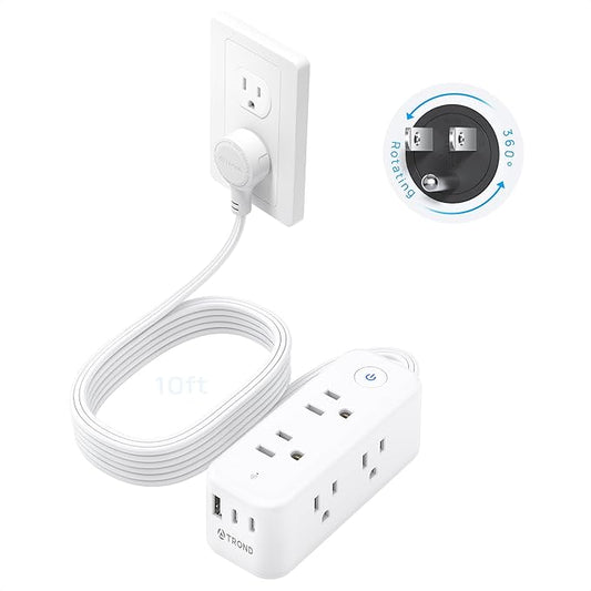 TROND Power Strip with 360 Rotating Plug, 10ft Flat Extension Cord with 2 USB C and 1 USB A, 6 Widely Spaced Outlets, 1440J Surge Protector, Surge Protector Power Strip for Home Travel Office, White