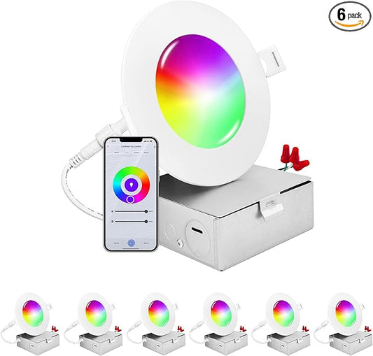 LUXRITE 4 Inch Smart LED Recessed Lighting, RGBW Color Changing, WiFi App and Voice Control, Compatible with Alexa and Google Home, No Hub Required, 10.5W 700LM, CRI 90, IC Rated, Wet Rated (6 Pack)
