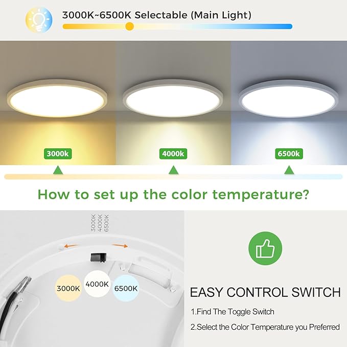zemty 9 Inch Flush Mount Ceiling Light Fixture with Night Light 1800K, 2 Pack 3000K/4000K/6500K Selectable Ceiling Lights, Low Profile Ceiling Lighting for Bedroom Bathroom Kitchen-White