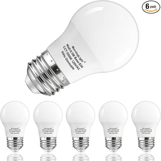 MorningLight A15 Light Bulb Daylight 60 Watt Equivalent, E26 Small Light Bulb Daylight 5000K, Dimmable 6.5 Watt LED Bulb for Ceiling Fan, Wall sconces, 600 Lumens Bulb, 25000+ Hours Lifespan, 6 Pack