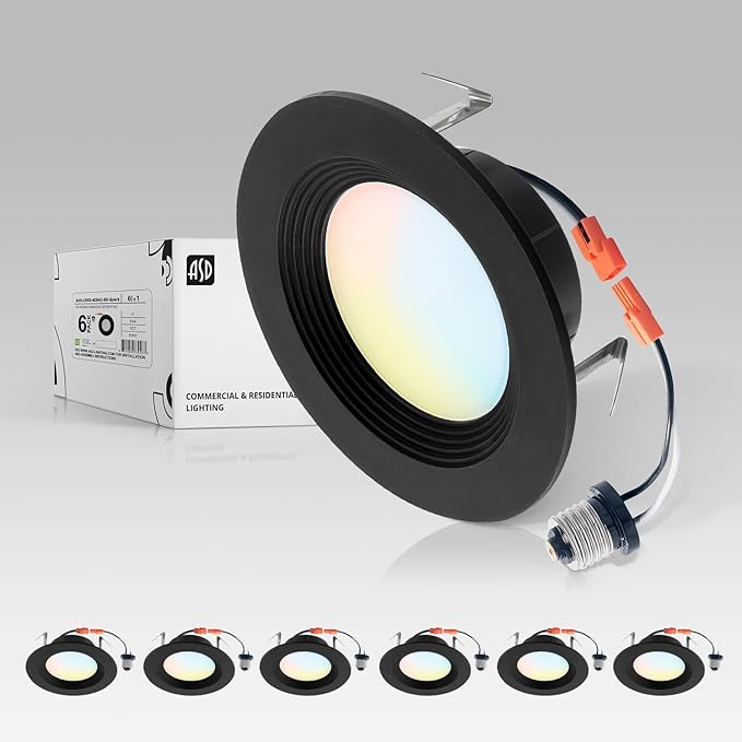 ASD 6 Pack Black 4 Inch Retrofit LED Recessed Light - 9W 2700K-5000K 700LM Retrofit LED Recessed Lighting 4 Inch, Dimmable Black Recessed Lights, Wet Rated Baffle Trim Can Lights, UL