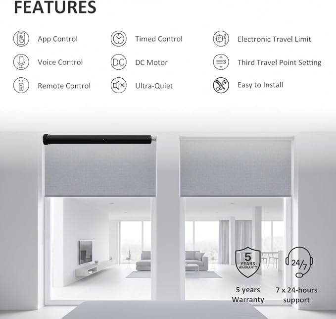 Smart Roller Shades Motor, Tuya WiFi Motorized Blinds Motor, DC24V Electric Tubular Motor Compatible with Alexa & Google Home, Silent Brushless Copper Core (10 N.m for Φ40mm (1.57") Groove Tube)