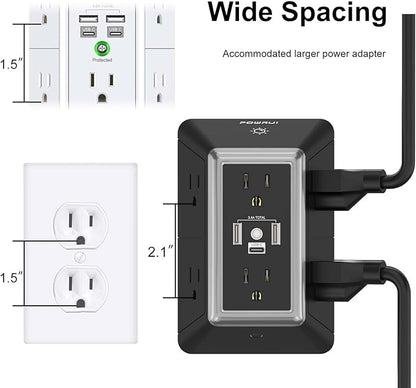Outlet Extender Power Strip, POWRUI 6 AC Surge Protector Outlets with 3 USB Ports (1 USB C) and Night Light, 3-Sided Multi Plug Wall Outlet with Spaced Outlets - Black, ETL Listed