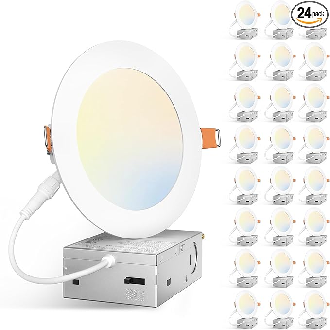 Amico 24 Pack 5 Inch 5CCT Ultra-Thin LED Canless Recessed Ceiling Light with Junction Box, 2700K/3000K/3500K/4000K/5000K Selectable, 11W=75W, 900LM High Brightness, Dimmable Wafer Downlight-ETL&FCC