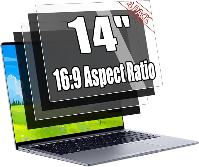 [4 Pack] 14 Inch Laptop Privacy Screen for 16:9 Aspect Ratio - 14 Inch Anti Blue Light Screen Protector Removable Anti-Scratch Privacy Shield Screen 14in