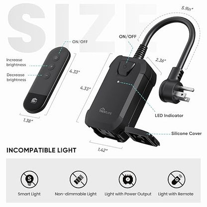 TREATLIFE Dimmer Plug with 100FT Wireless Remote Control, IP44 Weather Resistance, Outdoor Dimmer for String Lights, Lamps, Patio Lights, Max Power 400W