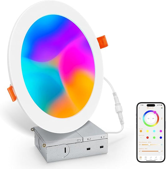 Smart Recessed Lighting 6 Inch, 16W Color Changing LED Recessed Lights | 1500 Lumen, Wafer Downlight RGB with Junction Box, Dimmable with APP, Compatible with Alexa, Siri, Google Assistant, 1 Pack