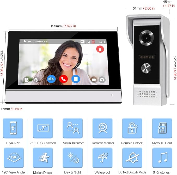 YiToo 7" Wired Video Door Phone Intercom System 1080P Indoor Monitor Touch Screen with HD Infrared Outdoor Doorbell WiFi Tuya APP Connection for Villa Home Office Apartment