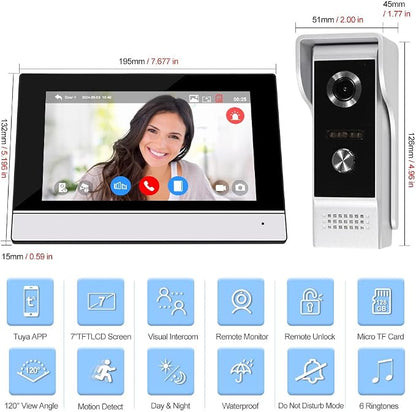 YiToo 7" Wired Video Door Phone Intercom System 1080P Indoor Monitor Touch Screen with HD Infrared Outdoor Doorbell WiFi Tuya APP Connection for Villa Home Office Apartment