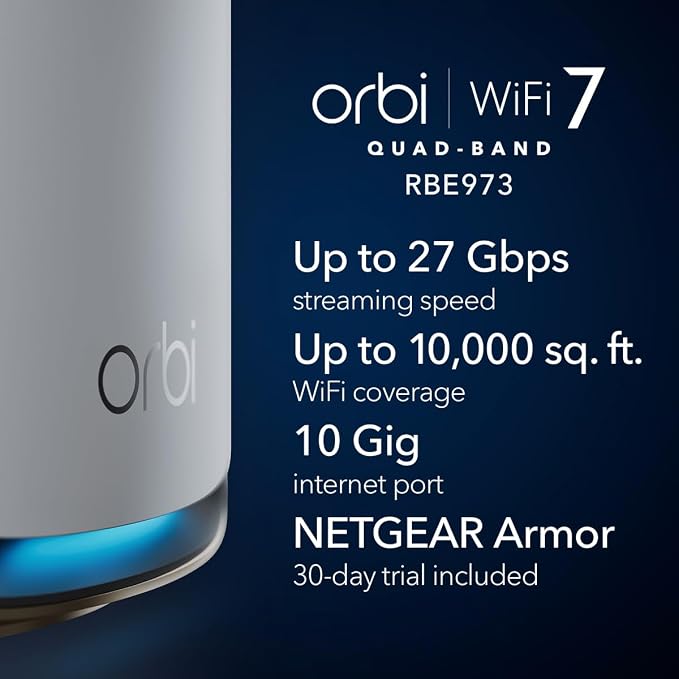 NETGEAR Orbi 970 Series (2026 Release) WiFi 7 Mesh System, 3 Pack | Router + 2 Satellite Extenders, up to 10,000 sq ft, 27 Gbps, 200 Devices, Quad-Band, supports 10 Gig Internet plan, RBE973