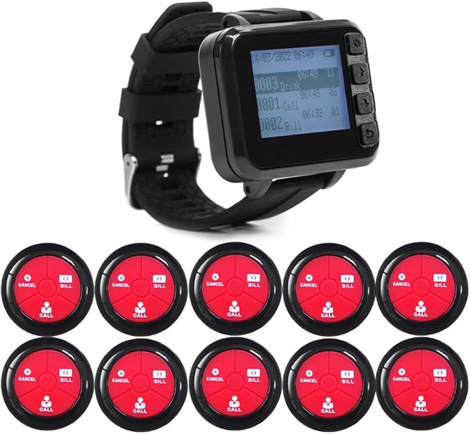 Wireless Waiter Calling System Table Number Pagers for Restaurant Food Court Cafe Snack Bar 1 Watch Pager 10 Waterproof Call Button with Call/Bill/Cancel (Watch+Button 1+10)