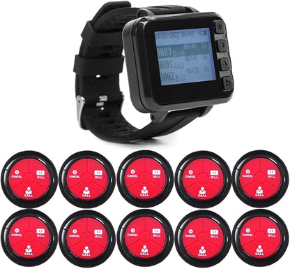 Wireless Waiter Calling System Table Number Pagers for Restaurant Food Court Cafe Snack Bar 1 Watch Pager 10 Waterproof Call Button with Call/Bill/Cancel (Watch+Button 1+10)