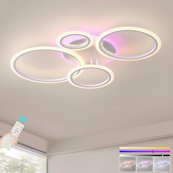 LED Ceiling Light 50W, Dimmable 4-Ring Flush Mount Fixture | Modern Ceiling Light Fixture with Remote, 3000K-6000K Adjustable, RGB Ambient Backlight, 3000LM for Bedroom Living Room