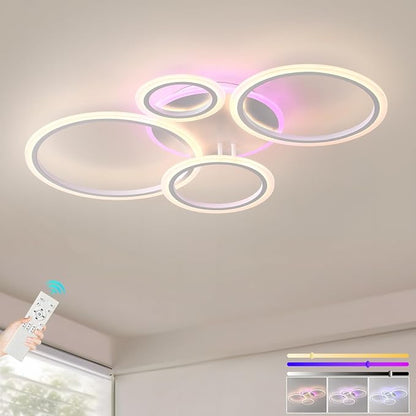 LED Ceiling Light 50W, Dimmable 4-Ring Flush Mount Fixture | Modern Ceiling Light Fixture with Remote, 3000K-6000K Adjustable, RGB Ambient Backlight, 3000LM for Bedroom Living Room